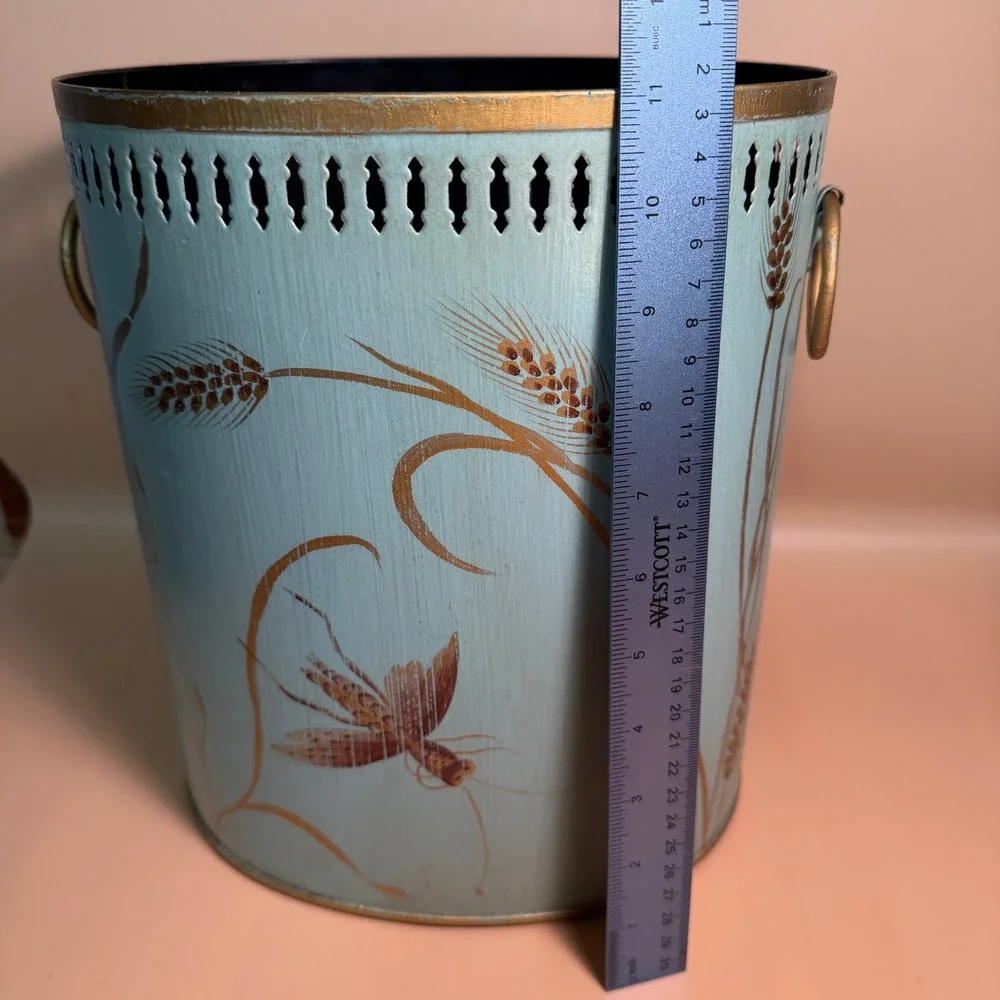 Vintage Hand Painted Metal Wastebasket Blue Gold Wheat Grasshopper Nature Decor